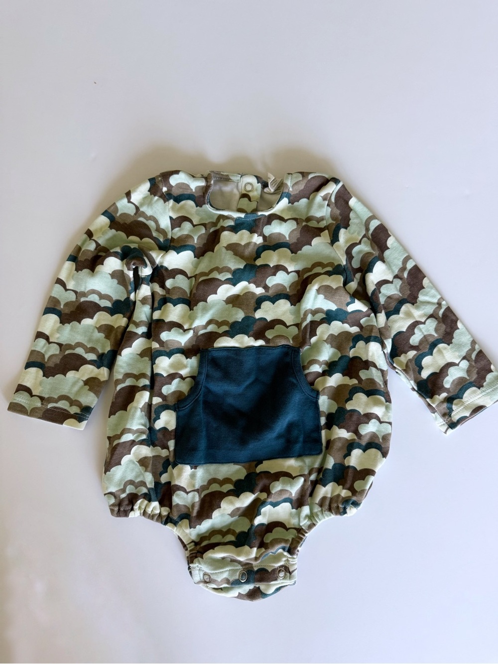 kate quinn Long-Sleeve Onesie in Green, Brown & Navy Cloud Print